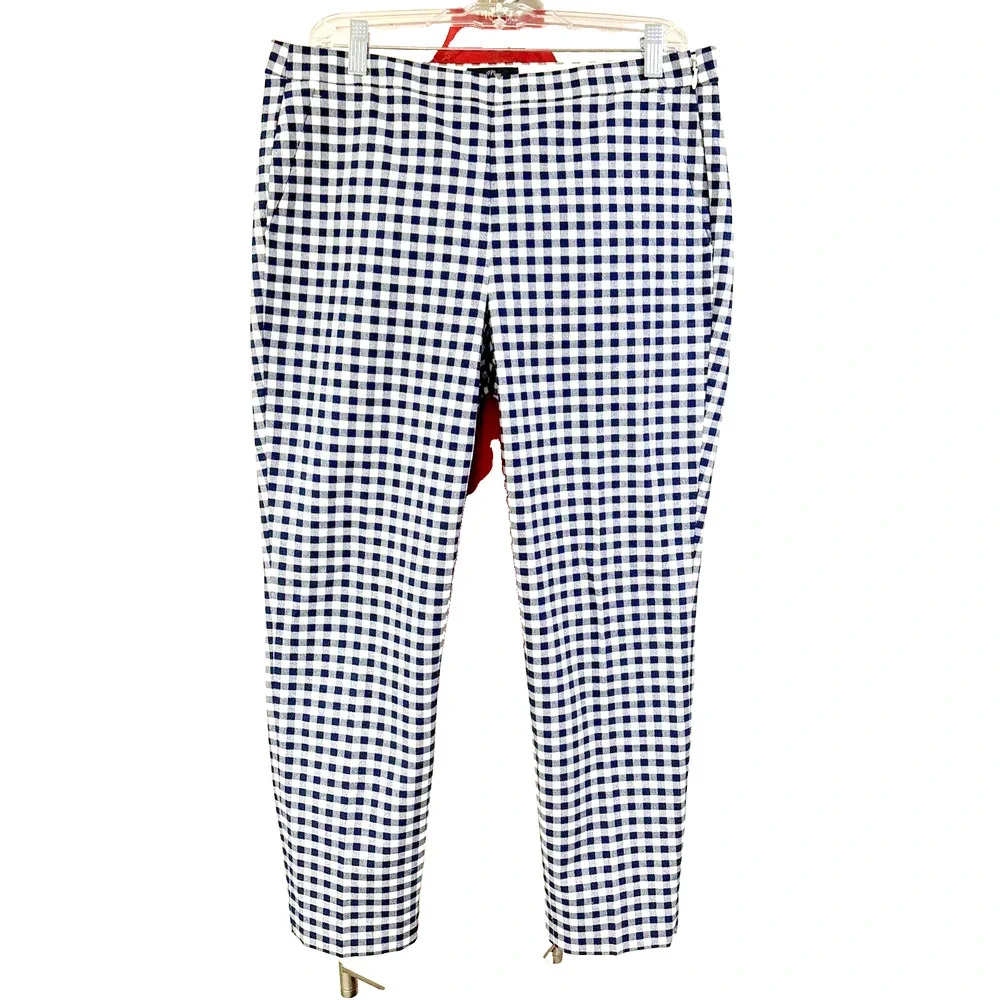 J Crew Martie Pants Sz 10 Navy Blue Black White Check Side Zip Pockets High Rise